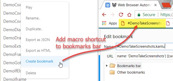 Add web macro shortcut to bookmarks bar