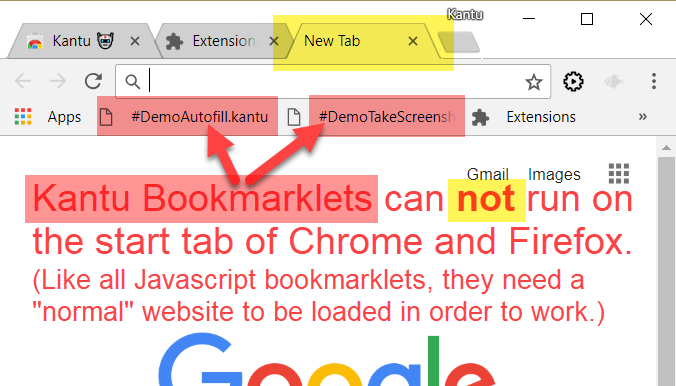 Bookmarklets need a normal web page loaded to work (= do not work on new tab page)