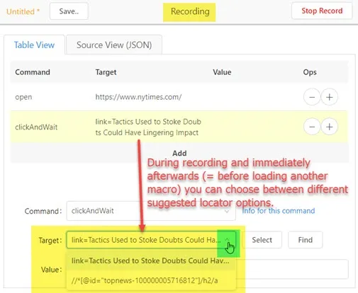 <em>Ui.Vision RPA</em> offers different selectors during recording