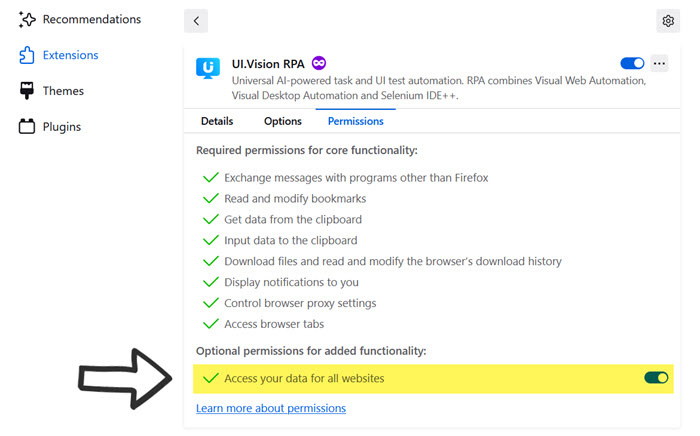 How to change the RPA permissions in Firefox