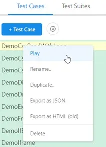 Right-click menu for test cases