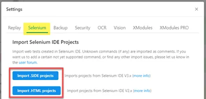 Import test cases from the Selenium IDE 3 (.SIDE format) and the old Selenium IDE 2.9.1