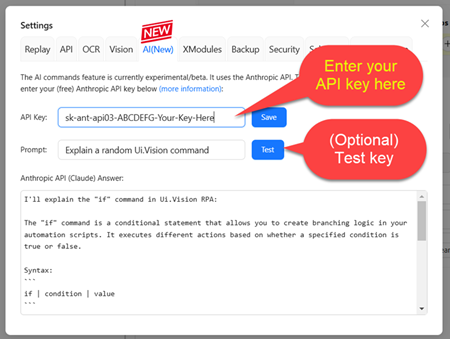 How to get a (free) Anthropi API key and enter it into the RPA software