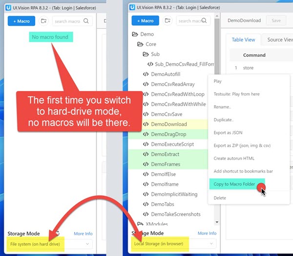 Copy macros between the two storage modes