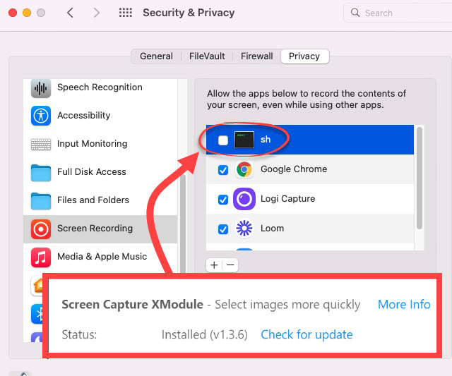 macOS permission settings Screen Capture XModule