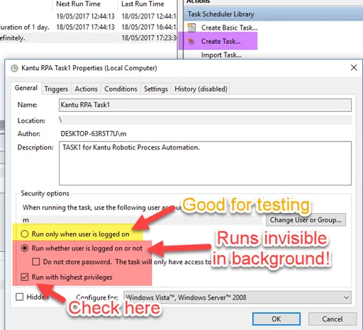 Windows Task Scheduler: Run Options (Security Settings)