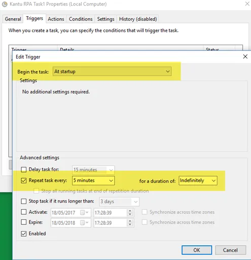 Windows Task Scheduler: Run when (Trigger Settings)