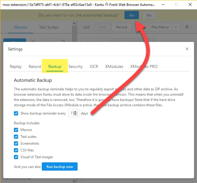 <em>Ui.Vision RPA</em> Backup Reminder. Do not forget to BACKUP (export) your macros once in while