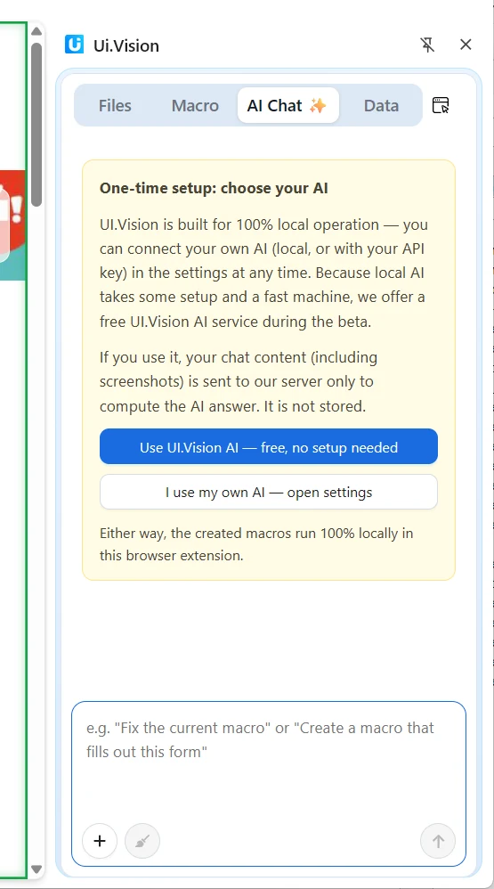 One-time setup: choose your AI. Use the free Ui.Vision AI service, or bring your own API key.